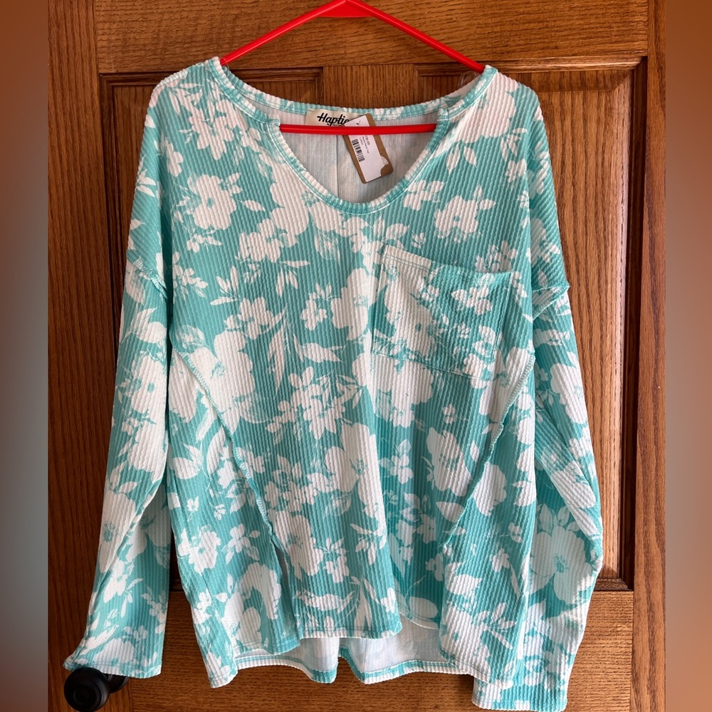 Haptics Women's Floral Teal Top Large Soft Fabric Pullover